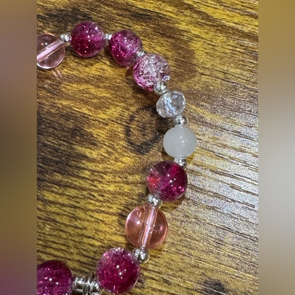 Pink and Silver Beaded Bracelet with Bear Charm - Picture 3 of 3